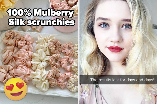 left image: various silk scrunchies, right image: buzzfeed writer maitland after styling hair with heat brush