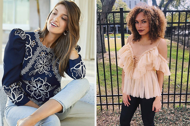 model in an embroidered top and reviewer in a tulle top