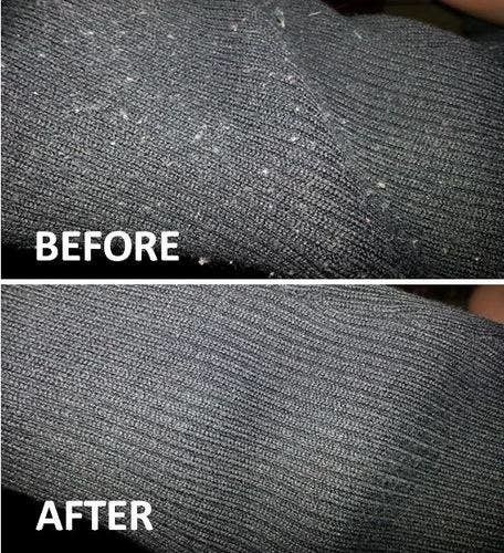 A split reviewer image of a pilled sweater with text that reads &quot;Before&quot; on top, and the same sweater without visible pilling with text that reads &quot;After&quot; on the bottom