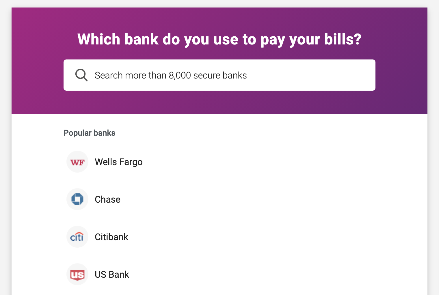Screenshot of the &quot;connect a bank account&quot; page