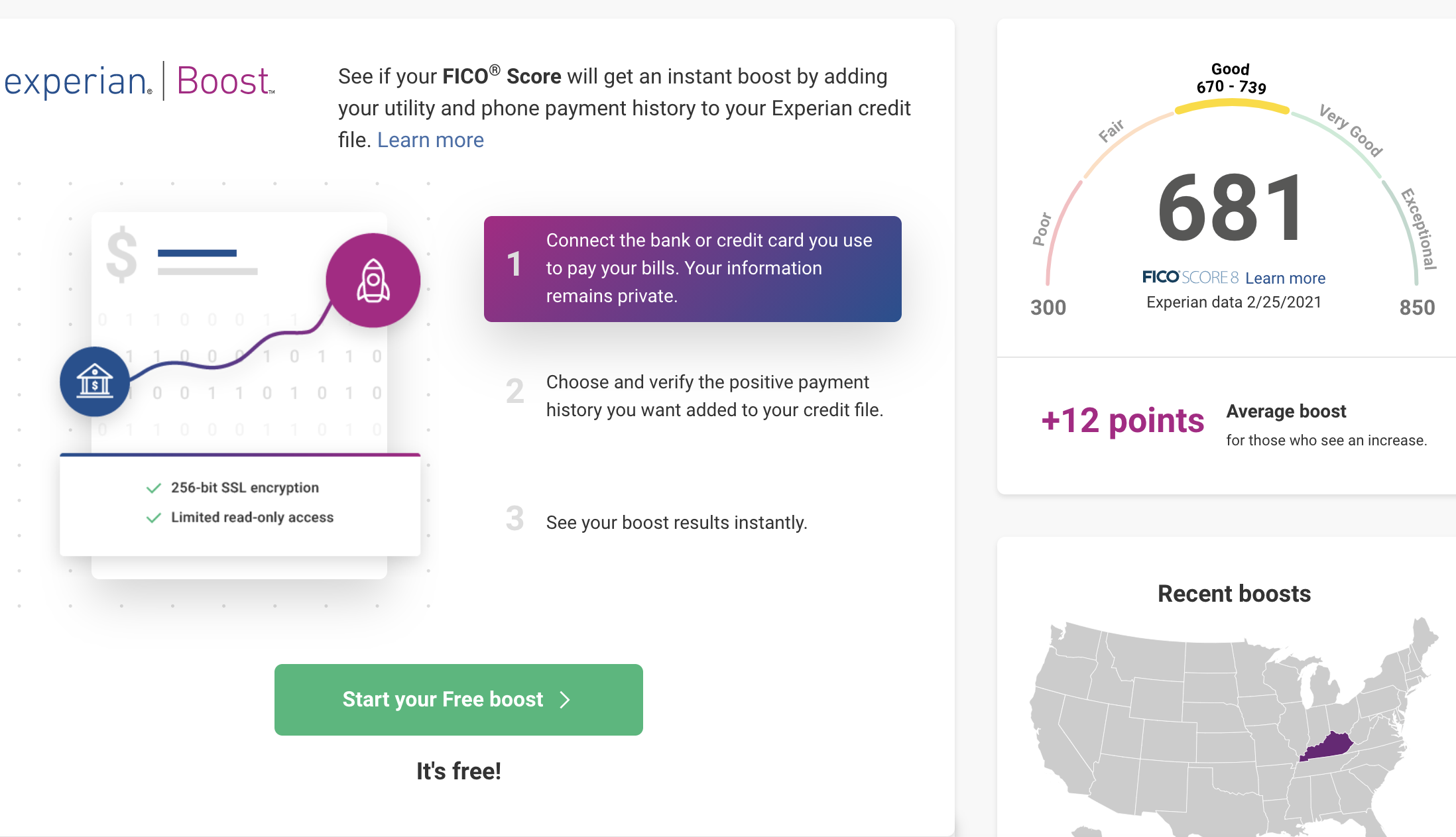 Screenshot of the Boost page on Experian showing a credit score of 681
