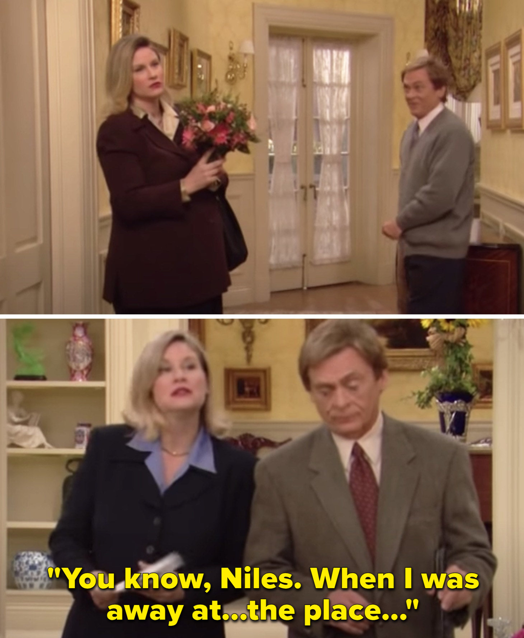 C.C. holding flowers in front of her stomach, and C.C. saying, &quot;You know, Niles. When I was away at...the place...&quot;