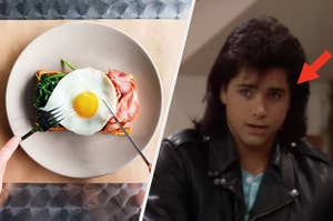 A plate of toast with eggs, spinach, and ham is on the left with Uncle Jesse wearing a mullet on the right