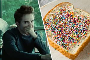 Edward Cullen covering his mouth and nose next to fairy bread