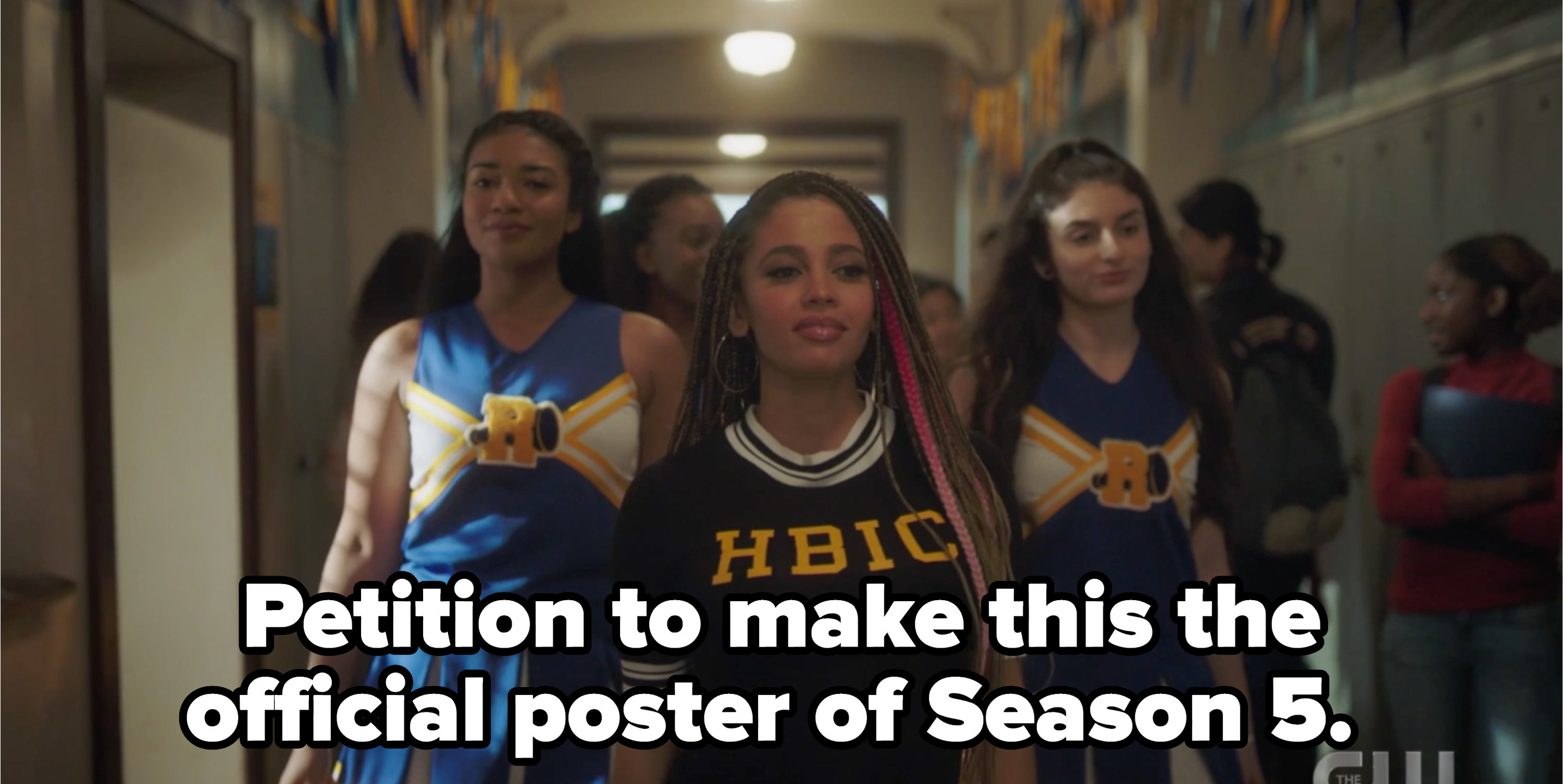 Toni walking and wearing HBIC shirt and the river vixens behind her with the caption &quot;petition to make this the official poster of Season 5&quot;