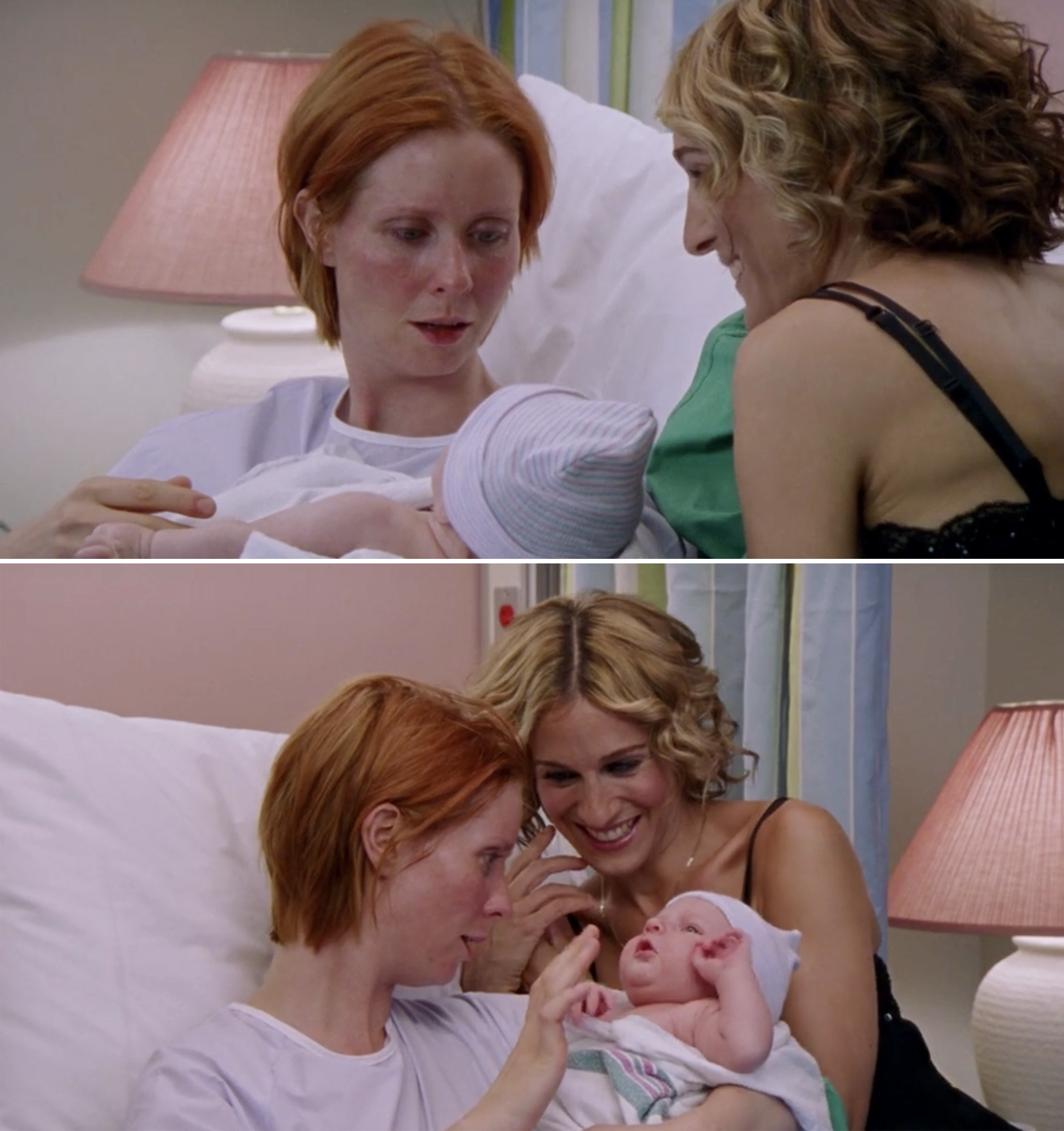 Miranda and Carrie smiling while Miranda holds her son in the hospital