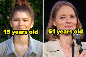 Side-by-side images of Zendaya with the words "15 years old" and Jodie Foster with the words "51 years old" over top