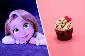A sweet-looking Rapunzel from tangled next to a delicious red velvet cupcake