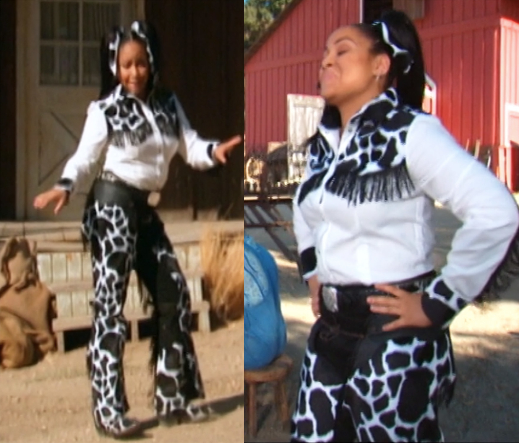 Raven has a fully cow-print cowgirl outfit