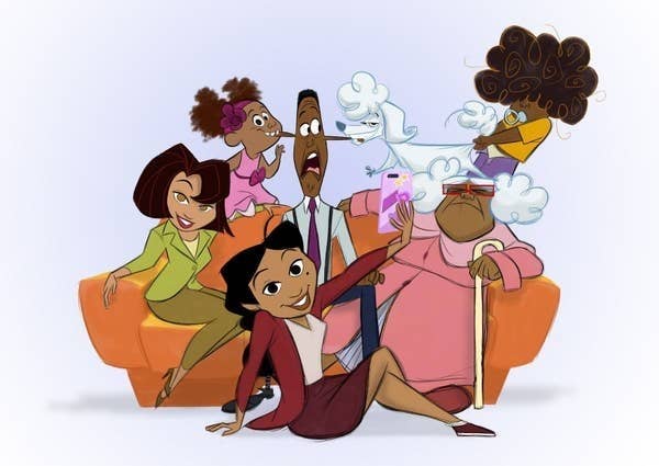 The Proud Family attempting to take a group photo on the couch