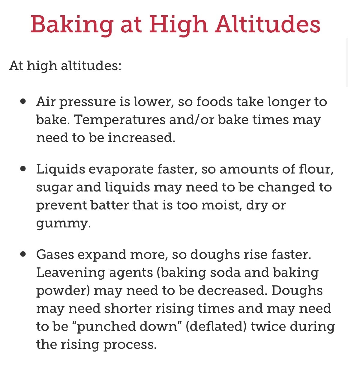 A graphic that explains that high altitudes will require you to bake your good for longer, and change the amount of ingredients you need