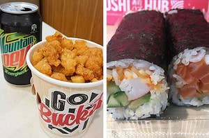 Left: KFC's popcorn chicken Go Bucket with a can of Mountain Dew; Right: Two sushi rolls from Sushi Hub