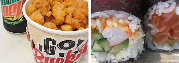 Left: KFC's popcorn chicken Go Bucket with a can of Mountain Dew; Right: Two sushi rolls from Sushi Hub