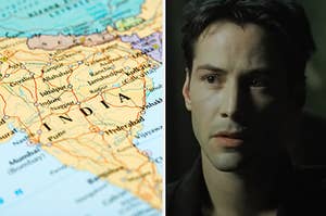 Side-by-side images of a map of India and Keanu Reeves in "The Matrix"