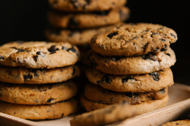 Individual stacks of chocolate chip cookies.