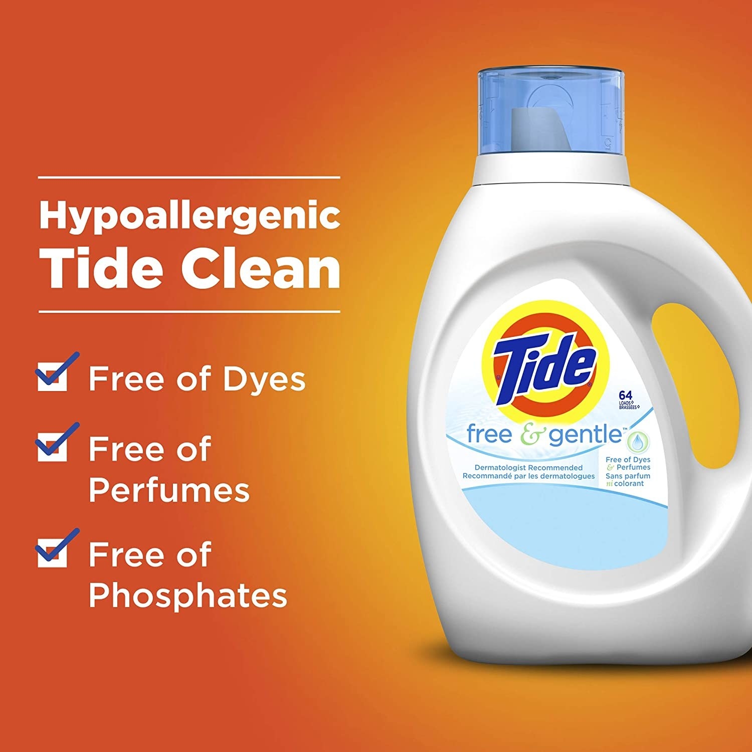 Bottle of Tide free and gentle with a handle on the side and measuring cup on top 