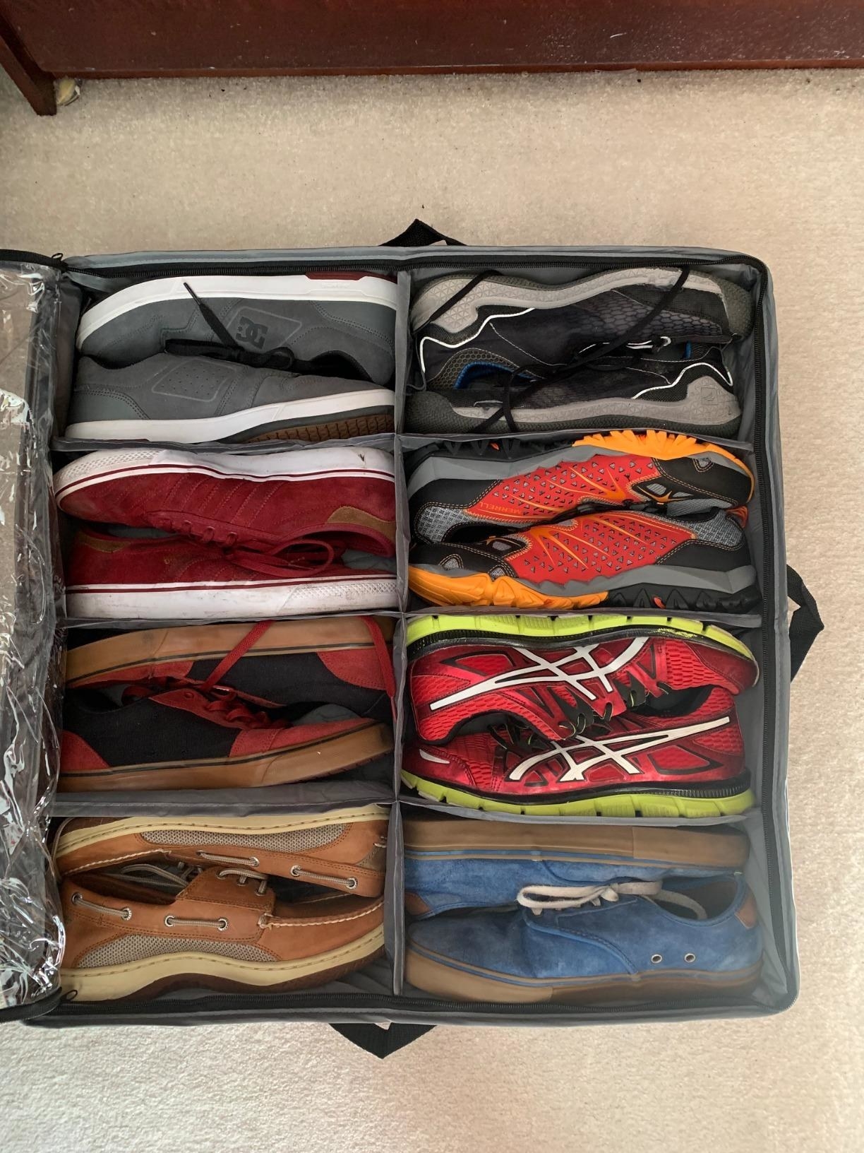 Reviewer pic of the organizer in grey with eight pairs of shoes neatly in it