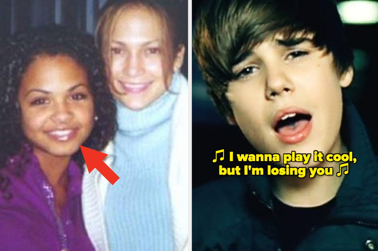 Christina Milian with Jennifer Lopez in a music studio in the early 2000s; Justin Bieber singing "Baby"