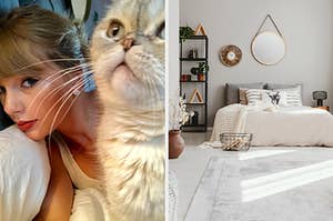 On the left, Taylor Swift taking a selfie with her cat, Meredith, and on the right, a symbol bedroom with mirrors on the walls and knickknacks on the shelves near the bed