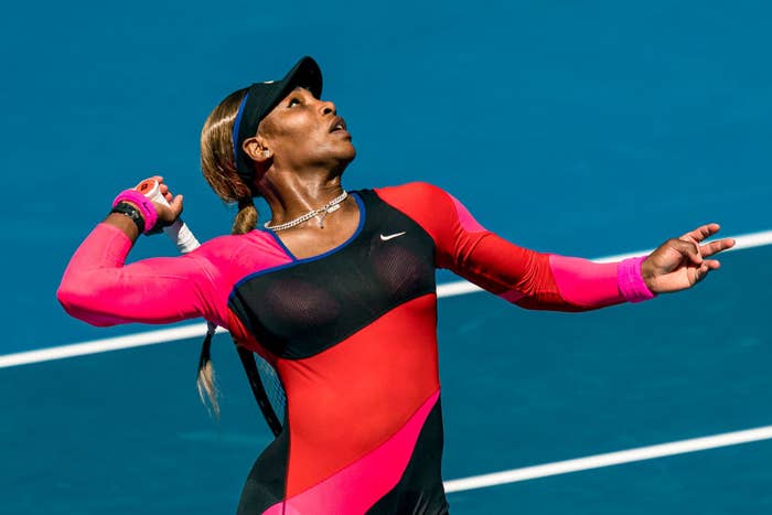 Serena Williams of the United States serves in her Women&#x27;s Singles Semifinals match against Naomi Osaka