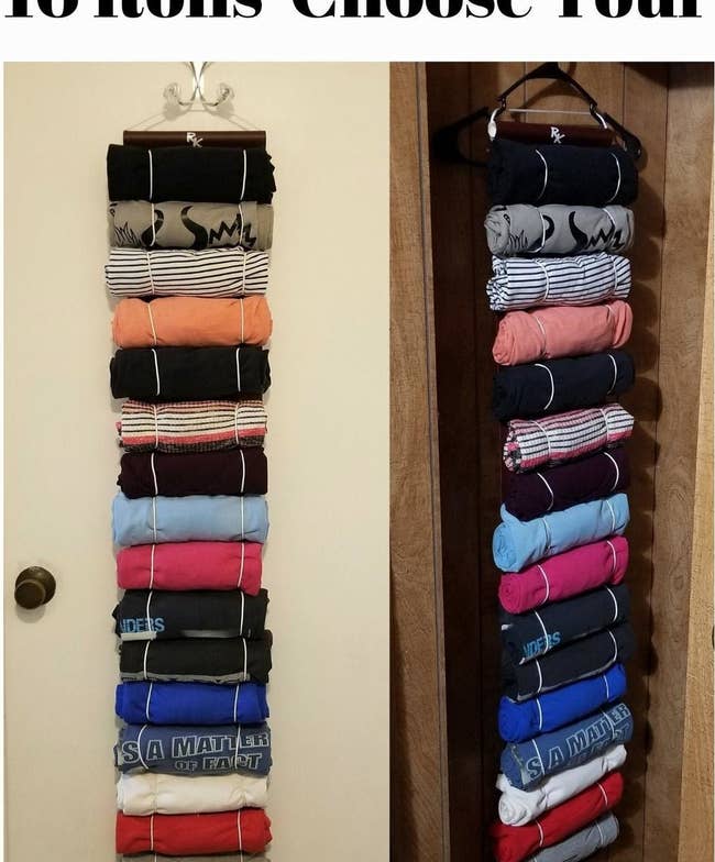 Long rectangular holder with hooks on the end and 16 t-shirts rolled being held in the keeper, all nice and organized
