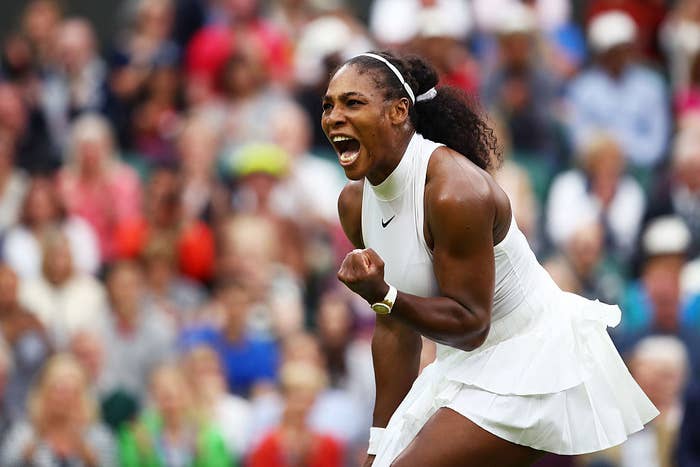Serena Williams celebrates victory during the Ladies Singles second round match against  Christina McHale 