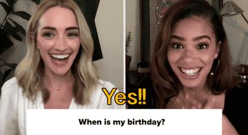 Brianne Howey and Antonia Gentry exclaiming, &quot;Yes&quot; and then laughing