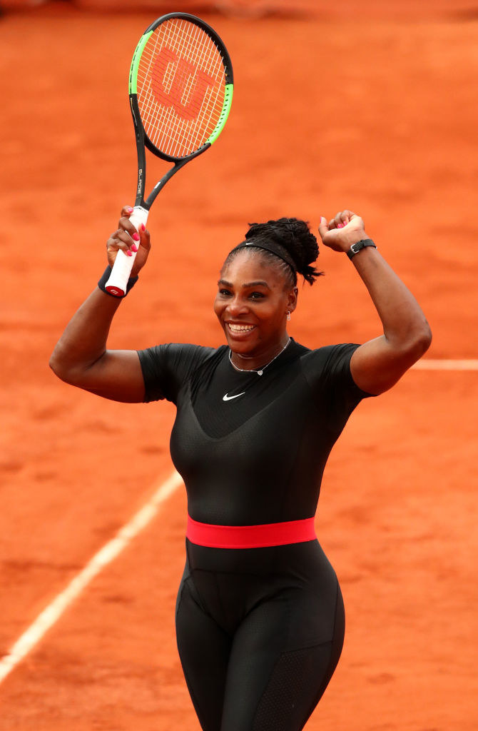 Serena Williams celebrates victory during the ladies singles third round match against Julia Georges