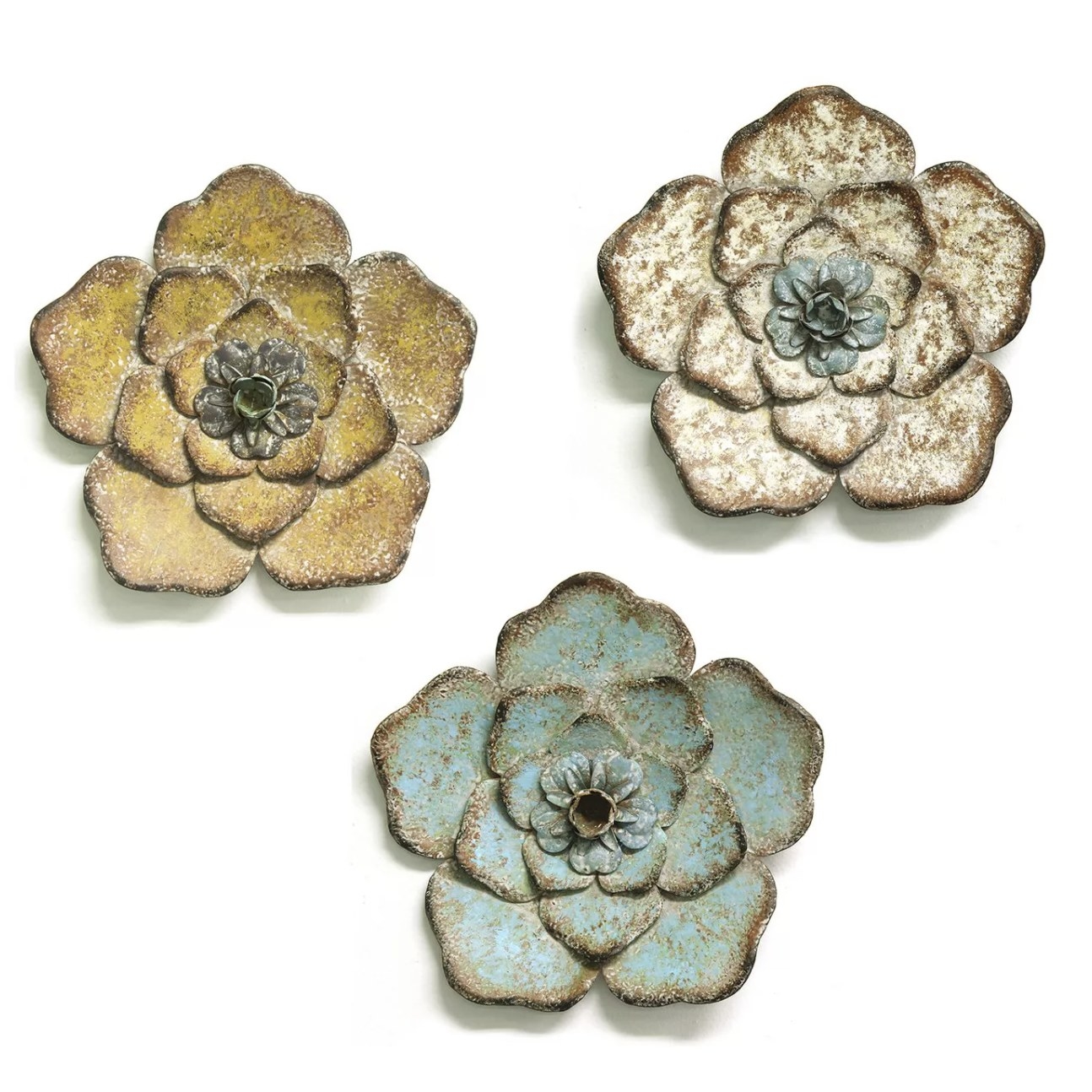 The three metal rustic flower wall decor pieces