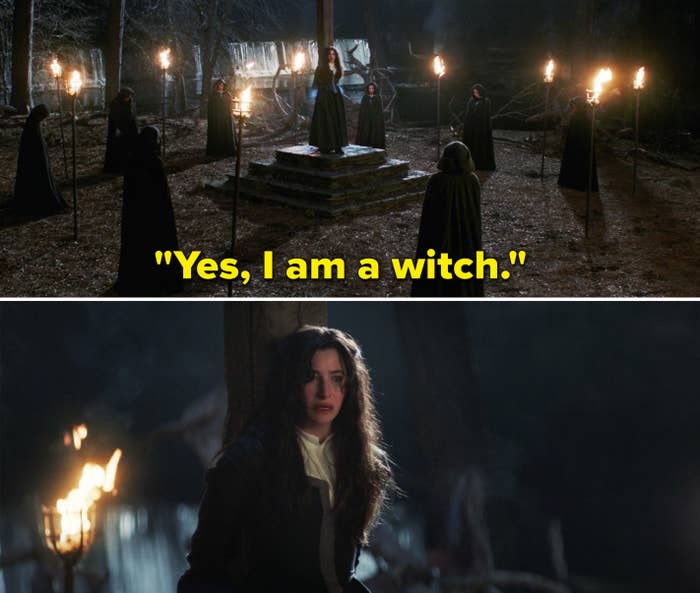 Agatha saying, &quot;Yes, I am a witch&quot; while tied to a post