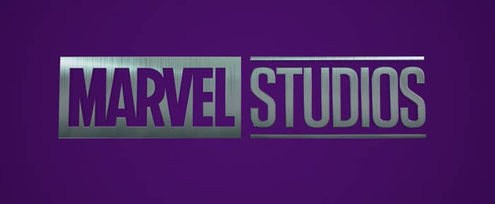 The Marvel Studios silver logo with a purple background