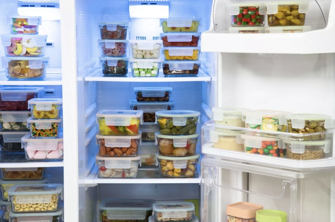 The food storage containers in a fridge