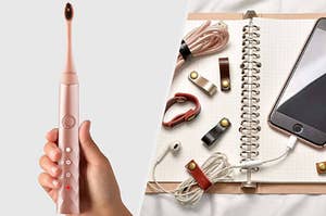 a pink burst electric toothbrush and a handful of leather cord organizers