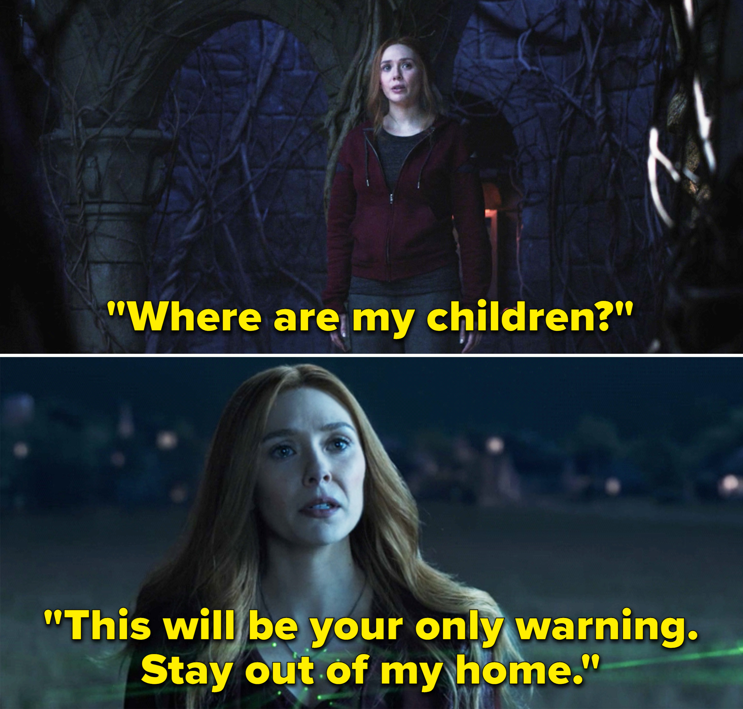 Wanda saying, &quot;Where are my children?&quot; and Wanda standing outside The Hex saying, &quot;This will be your only warning. Stay out of my home&quot;