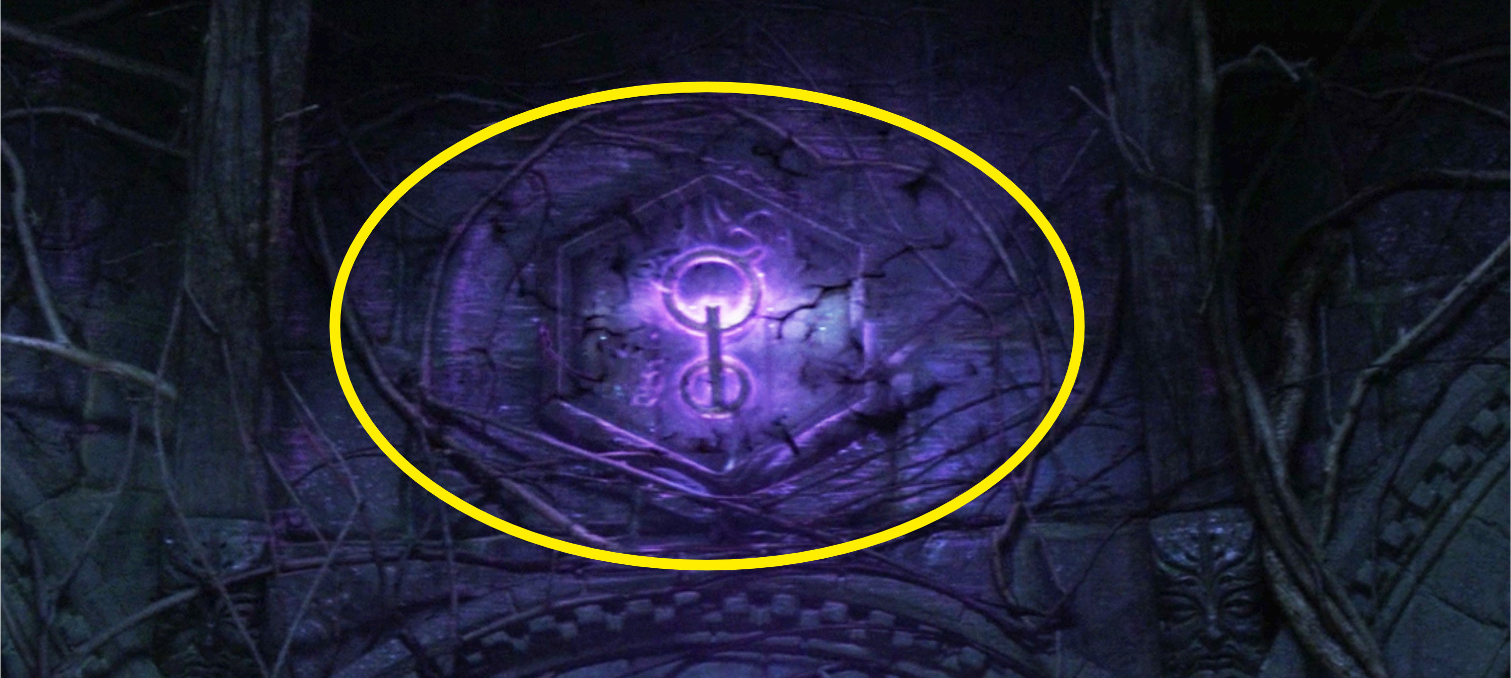 A purple rune inside a hexagon on the wall