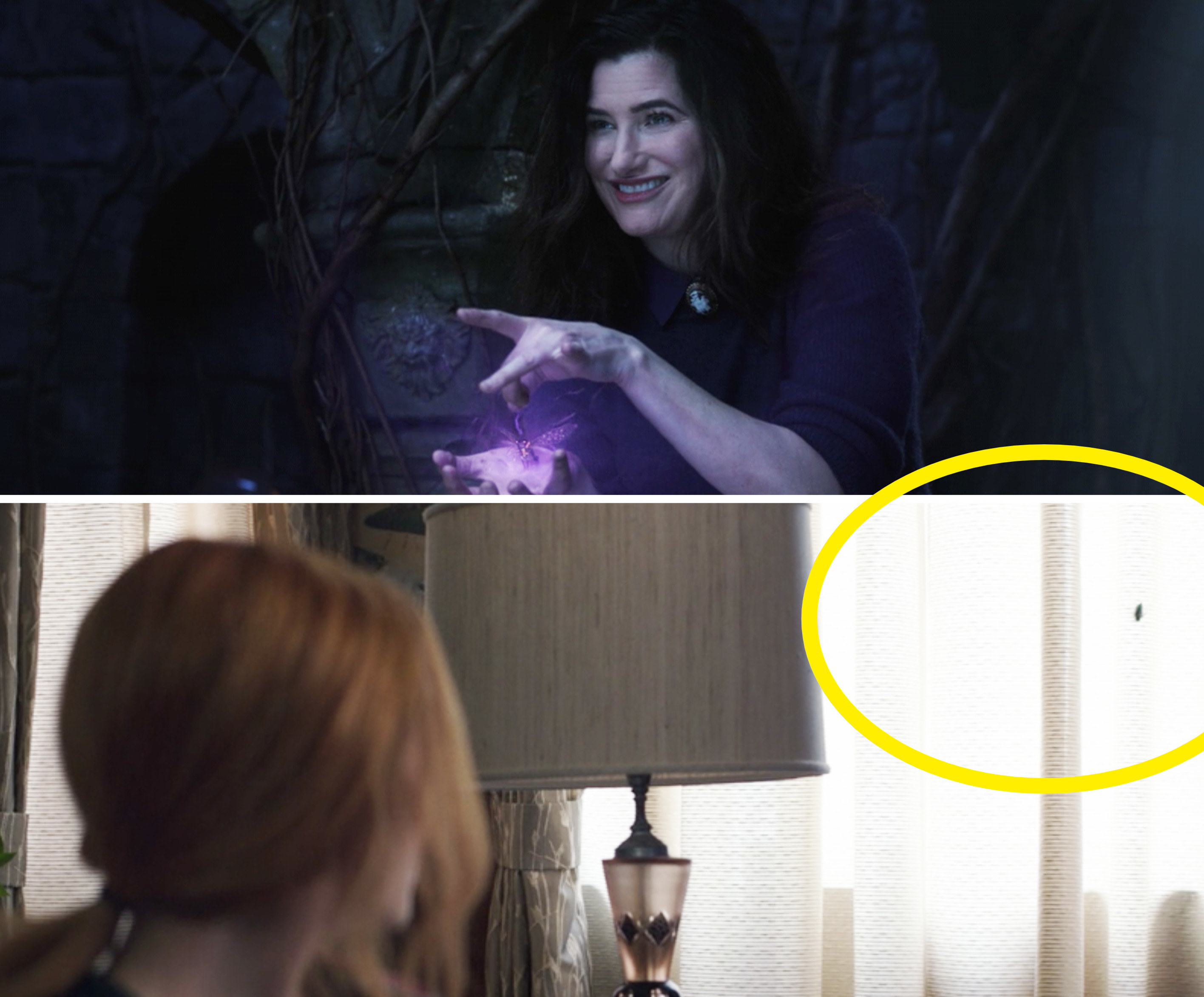 Agatha using magic on a bug and Wanda spotting one on a curtain 