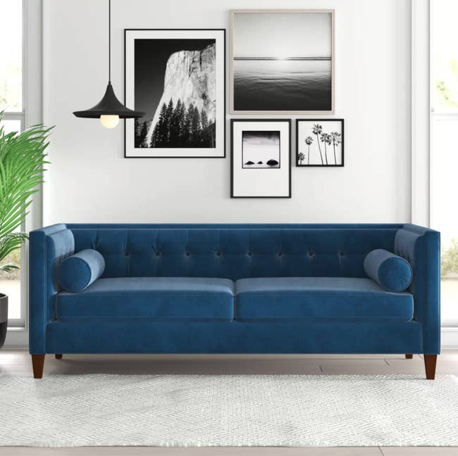 The blue velvet sofa in a living room 