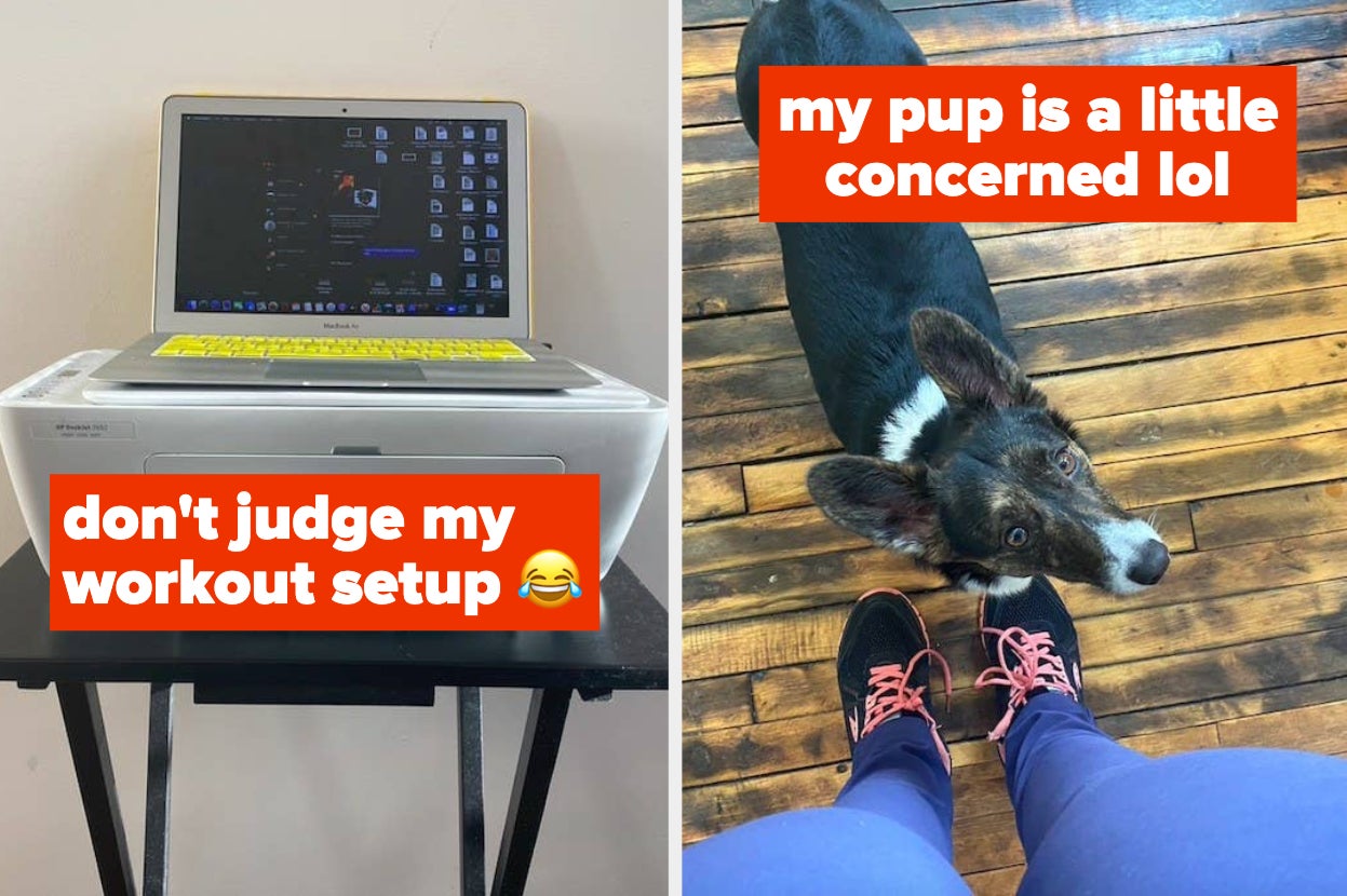 The author's workout setup; the author's dog looking concerned