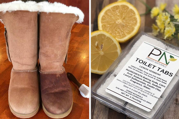 a suede cleaning brush and toilet tabs