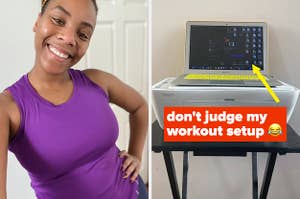 A woman prepares for a virtual workout class.