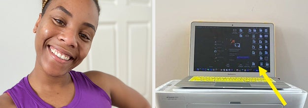 A woman prepares for a virtual workout class.