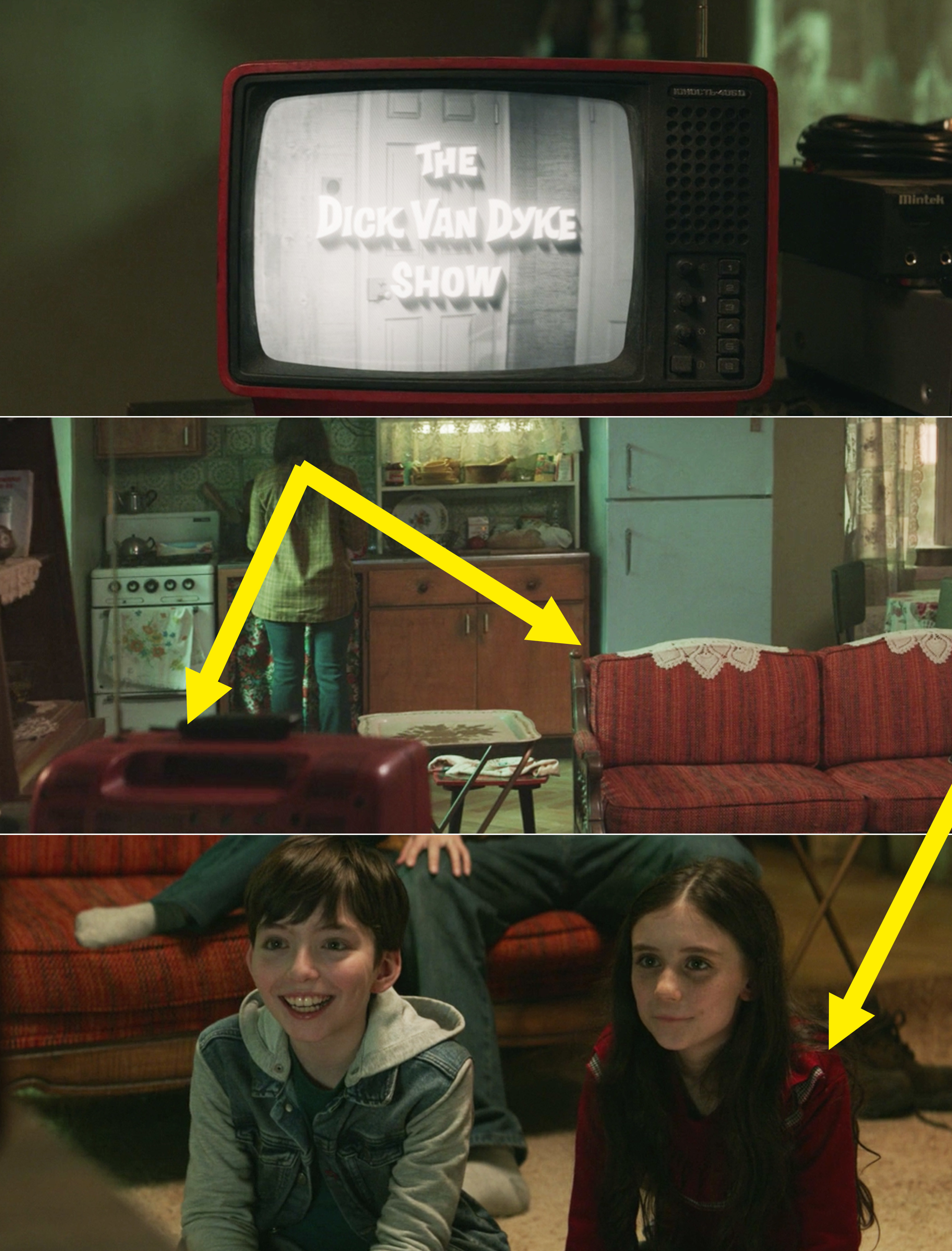 Arrows pointing to the back of the TV, which is red, the couch, and Wanda&#x27;s red hoodie