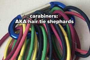 colorful scrunchies attached to a carabiner with text that reads "carabiners: the best thing that's every happened to hair ties"