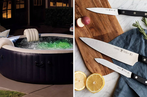 A split thumbnail of a hot tub and a knife set