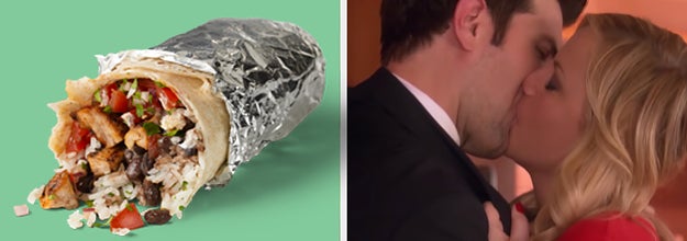 On the left, a Chipotle burrito, and on the right, Ben and Leslie from