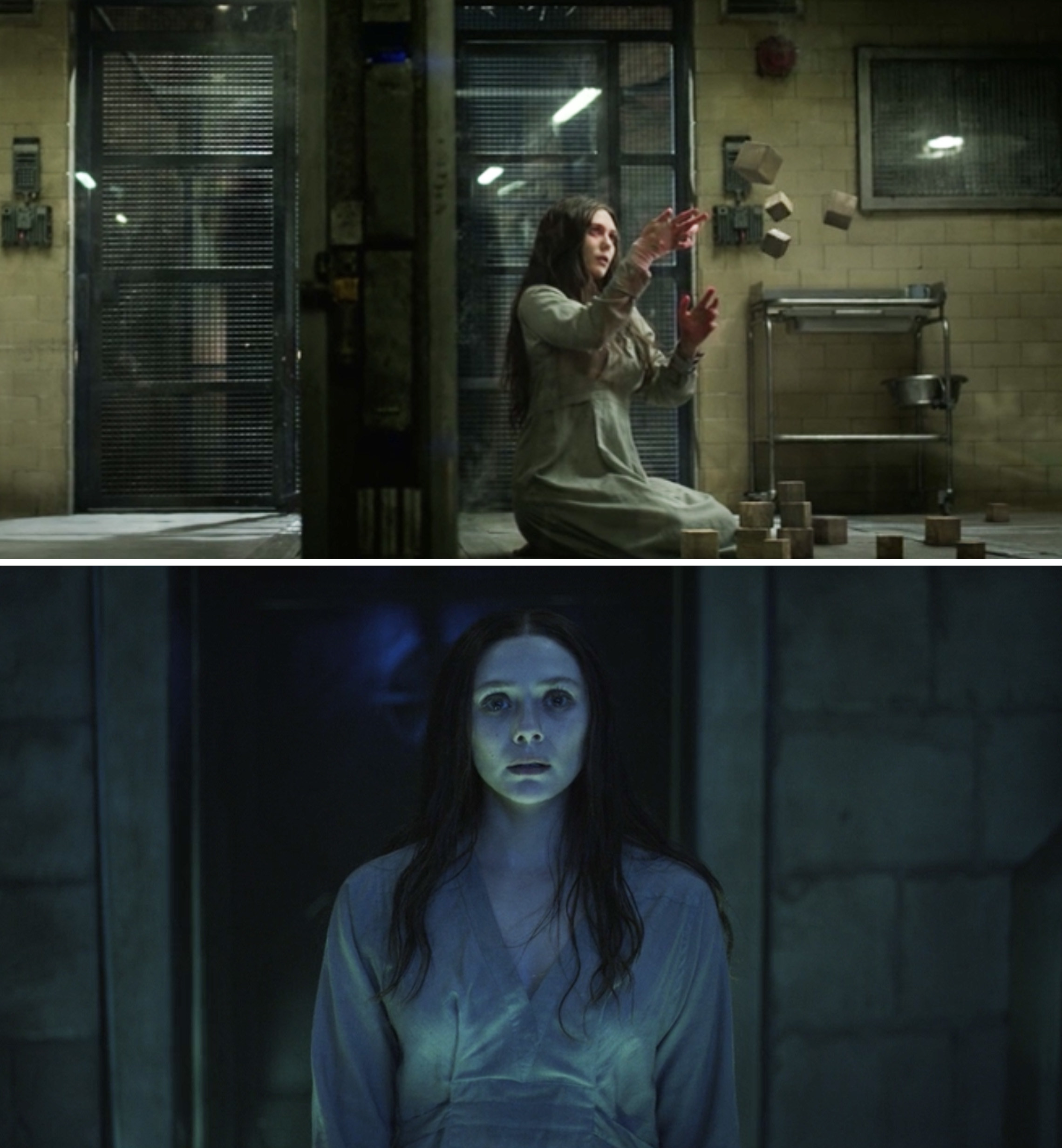 Wanda in solitary in &quot;Captain America: The Winter Soldier&quot; vs. Wanda in the same outfit in &quot;WandaVision&quot;