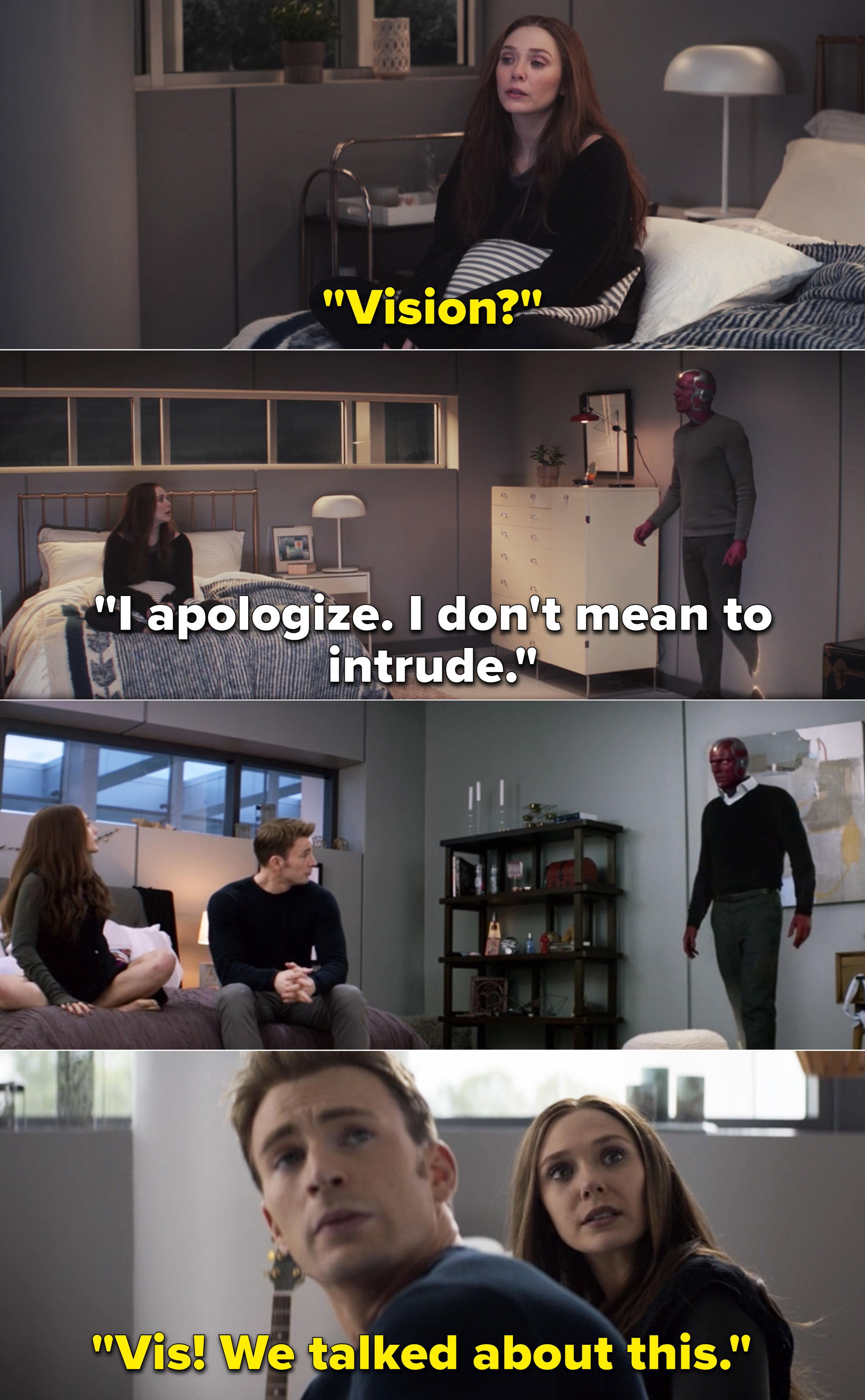 Vision apologizing for coming through the wall in &quot;WandaVision,&quot; and Wanda saying, &quot;Vis! We talked about this&quot; after he does the same thing in &quot;Civil War&quot;