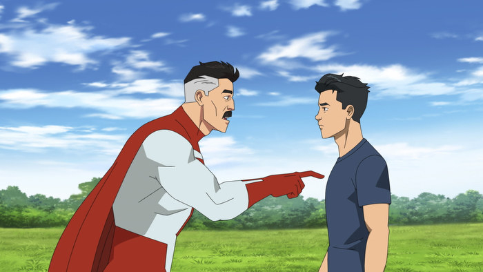 J.K. Simmons (Omni-Man) pointing at Steven Yeun (Mark Grayson) in Invincible 

