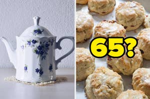 A floral teapot next to scones with "65?" over them
