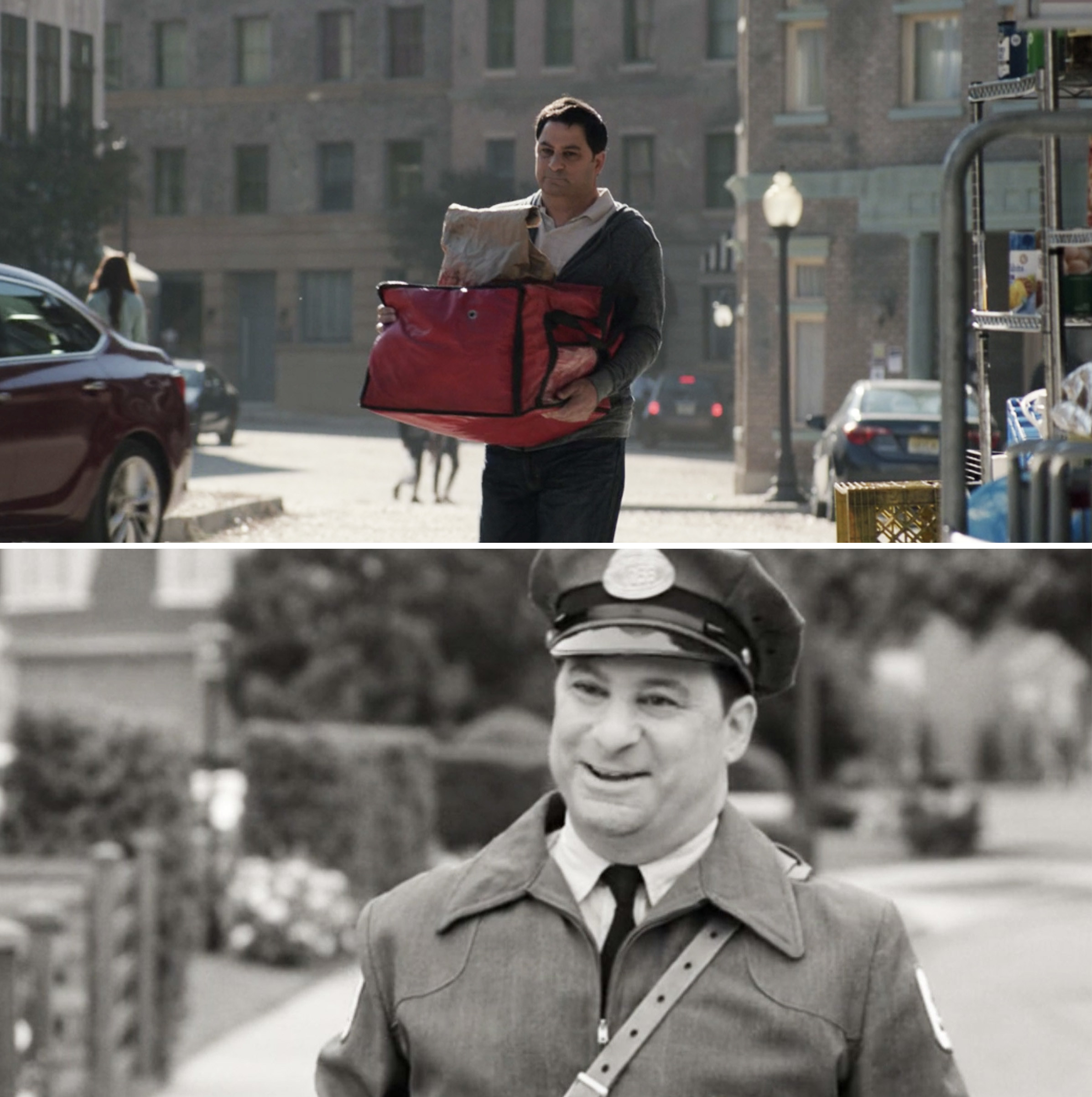 A delivery guy carrying pizza vs. the same guy as a mailman in Episode 1